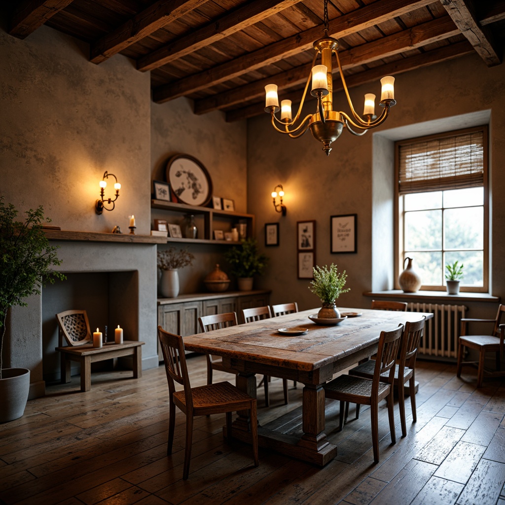 Prompt: Rustic wooden dining table, eclectic mix of antique chairs, vintage chandeliers, distressed wooden floors, reclaimed wood accents, natural stone walls, earthy color palette, warm cozy atmosphere, soft candlelight, shallow depth of field, 1/1 composition, realistic textures, ambient occlusion.