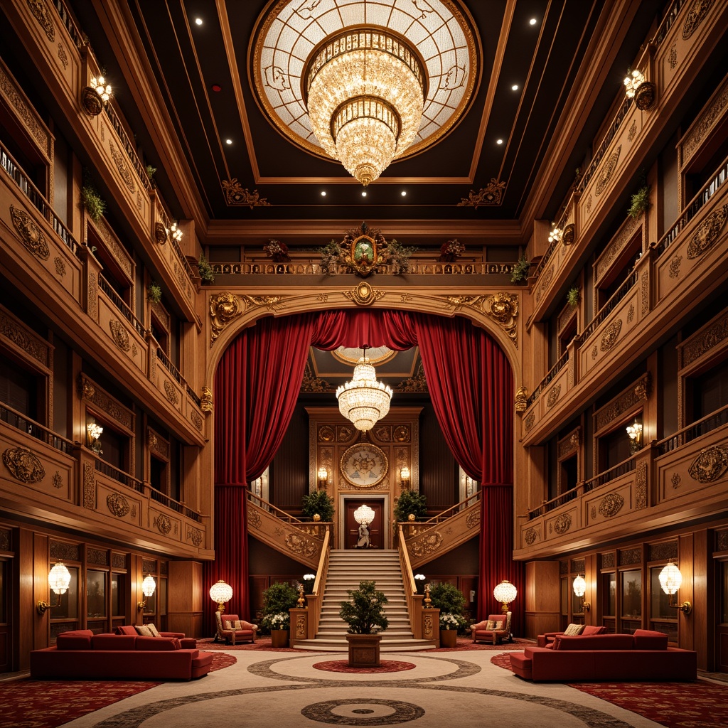 Prompt: Grand traditional theater, ornate golden accents, velvet red curtains, intricately carved wooden panels, majestic chandeliers, elegant balconies, richly patterned carpets, luxurious seating areas, grandiose staircases, opulent lobby spaces, warm soft lighting, subtle color palette, 1/1 composition, shallow depth of field, realistic textures, ambient occlusion, traditional Chinese motifs, intricate lanterns, cultural heritage-inspired designs, symmetrical architecture, majestic entranceways.