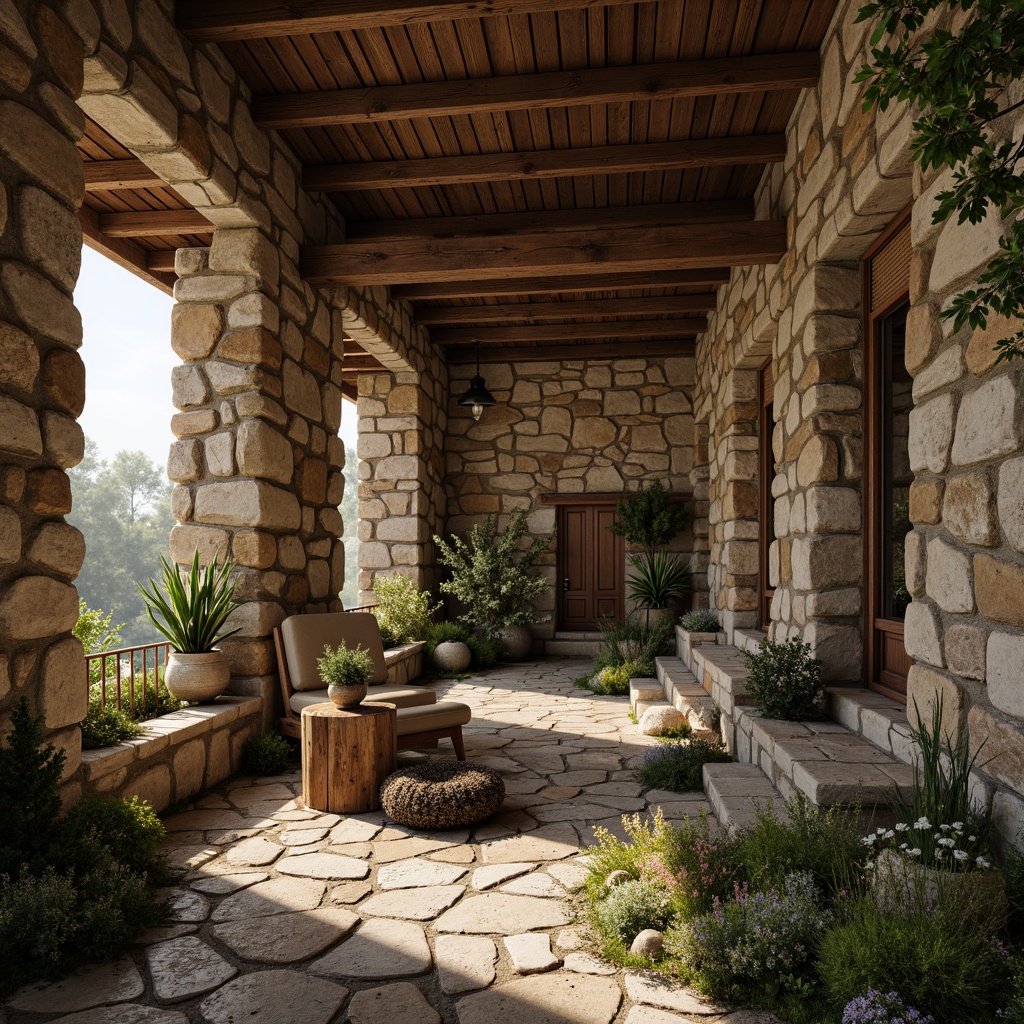 Prompt: Rustic stone walls, earthy tones, moss-covered surfaces, irregular rock formations, natural textures, organic shapes, worn wooden accents, distressed finishes, vintage decorative elements, warm ambient lighting, soft focus, shallow depth of field, 2/3 composition, atmospheric perspective, realistic normal maps, subtle color grading.