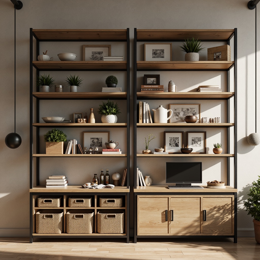 Prompt: Industrial-chic shelving units, metal frames, reclaimed wood planks, rustic hardware, open storage compartments, adjustable shelves, labeled baskets, modular design, ergonomic workspaces, task lighting, warm beige tones, natural textures, minimalist decor, Scandinavian-inspired aesthetic, 3/4 composition, shallow depth of field, realistic materials, ambient occlusion.