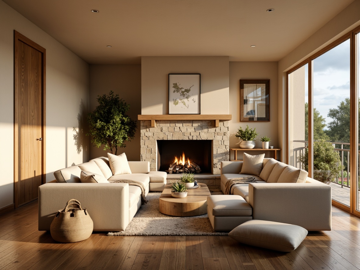 Prompt: Cozy living room, warm beige walls, rich wooden floors, plush velvet sofas, soft golden lighting, natural stone fireplace, minimalist decor, calming atmosphere, earthy tone color scheme, warm neutrals, creamy whites, soothing blues, gentle greens, rustic accents, textured throw blankets, oversized windows, abundant natural light, shallow depth of field, 1/1 composition, realistic textures, ambient occlusion.