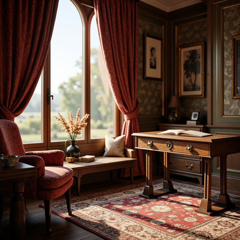 Prompt: Richly patterned velvet drapes, ornate wooden furniture, luxurious silk fabrics, intricately carved desk legs, leather-bound books, antique bronze hardware, warm golden lighting, soft focus blur, shallow depth of field, 1/2 composition, cozy reading nook, opulent rug patterns, distressed wood textures, vintage-inspired wallpaper, classic English countryside scenery, sunny afternoon, warm color palette, nostalgic atmosphere.