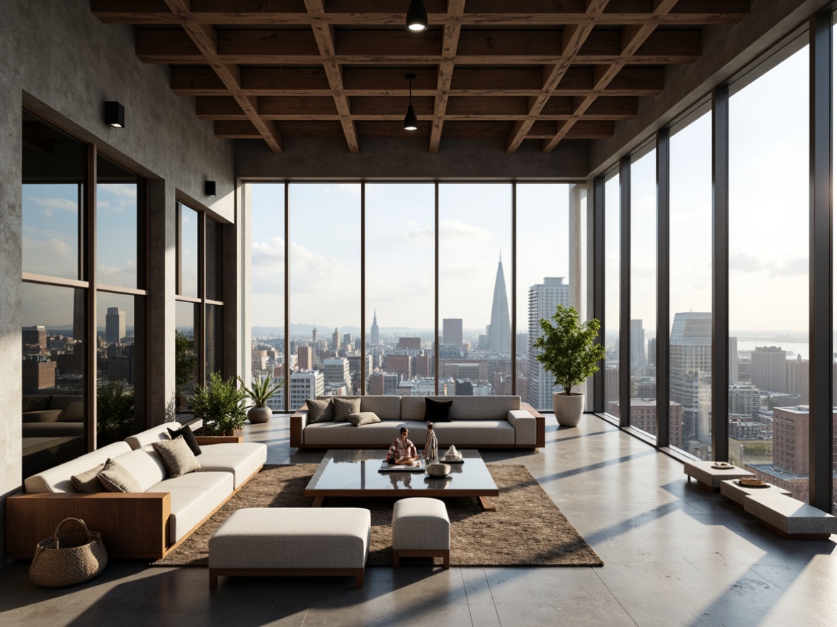 Prompt: Luxurious penthouse, high-rise building, modern architecture, floor-to-ceiling windows, panoramic city views, exposed beams, industrial chic decor, polished concrete floors, minimalist design, sleek lines, urban loft atmosphere, natural light pouring in, soft warm ambiance, 1/1 composition, realistic textures, ambient occlusion.