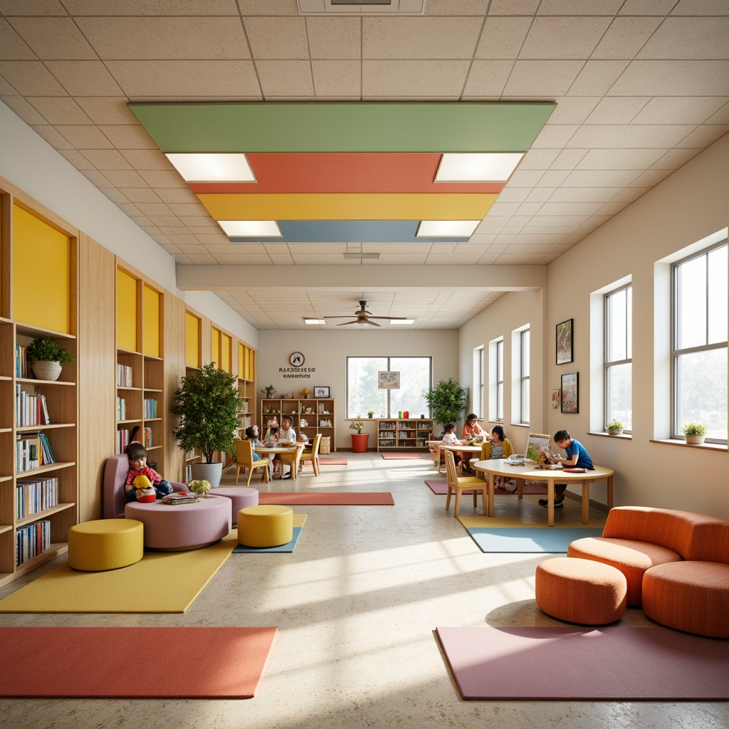 Prompt: Vibrant kindergarten, playful learning zones, bold primary colors, soft pastel accents, natural wood tones, creamy whites, educational signage, interactive displays, collaborative workspaces, flexible seating areas, cozy reading nooks, stimulating textures, warm task lighting, shallow depth of field, 1/1 composition, realistic renderings, ambient occlusion.