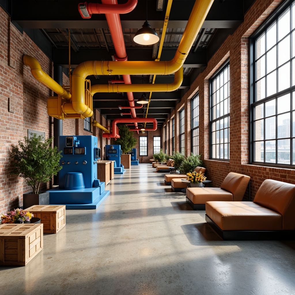 Prompt: Industrial chic interior, exposed brick walls, polished concrete floors, steel beams, reclaimed wood accents, vibrant yellow piping, bold blue machinery, pops of bright coral, matte black metal frames, oversized industrial lighting, urban loft atmosphere, rustic wooden crates, distressed leather furniture, warm beige tones, soft natural light, 3/4 composition, shallow depth of field.