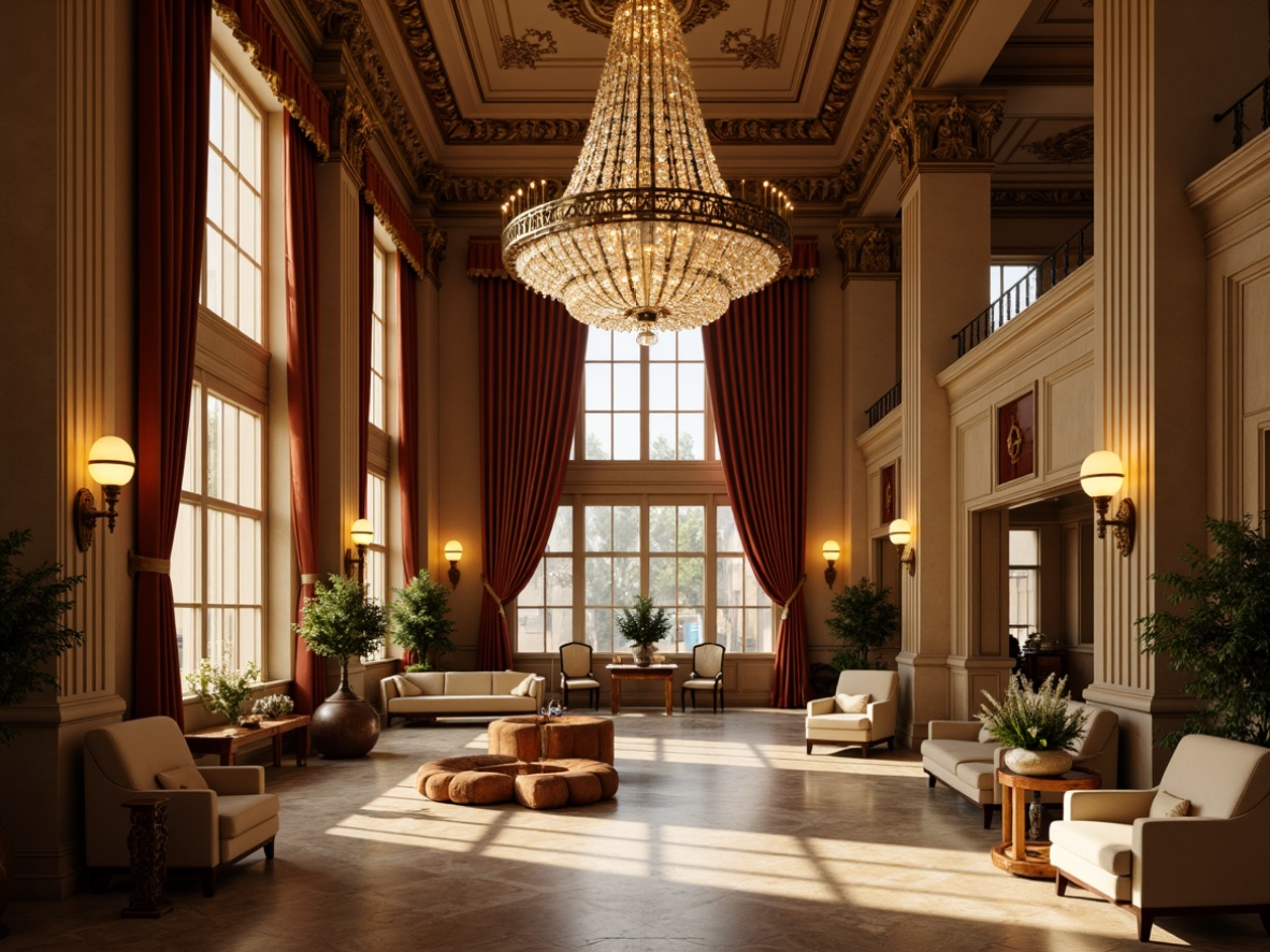 Prompt: Grand chandelier, ornate metalwork, crystal droplets, warm golden lighting, traditional lanterns, classical architectural details, stately columns, carved wooden paneling, rich velvet drapes, intricate molding, polished marble floors, luxurious furnishings, soft warm glow, warm beige tones, subtle shadows, 1/1 composition, shallow depth of field, realistic textures.