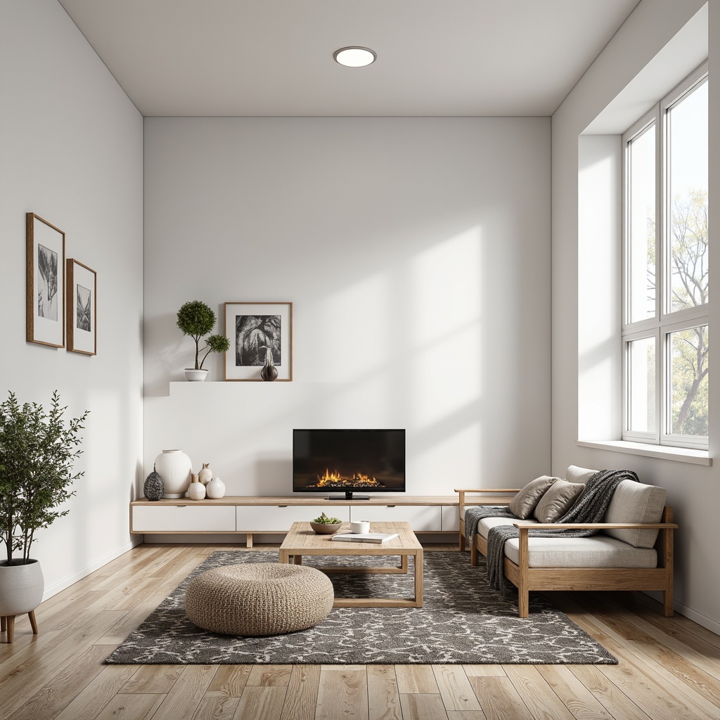 Prompt: Nordic minimalism, light-filled interior, whitewashed walls, natural wood accents, clean lines, simplicity, functional furniture, monochromatic color scheme, geometric patterns, textured rugs, cozy throw blankets, ambient soft lighting, shallow depth of field, 1/1 composition, realistic textures, subtle reflections.