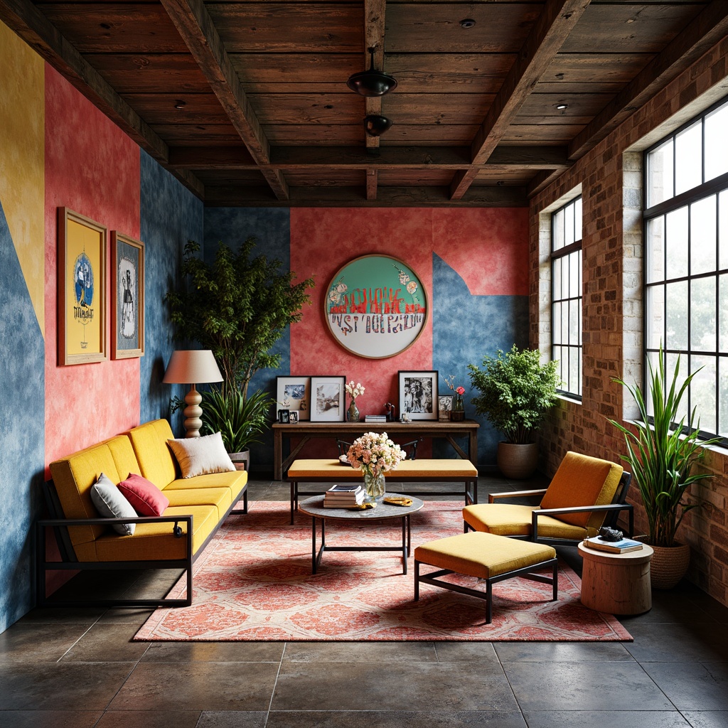 Prompt: Vibrant artistic studio, eclectic color scheme, bold typography, modern furniture, abstract art pieces, industrial metal accents, reclaimed wood textures, natural stone flooring, floor-to-ceiling windows, abundant natural light, warm cozy atmosphere, 1/1 composition, soft focus, atmospheric perspective, realistic renderings.