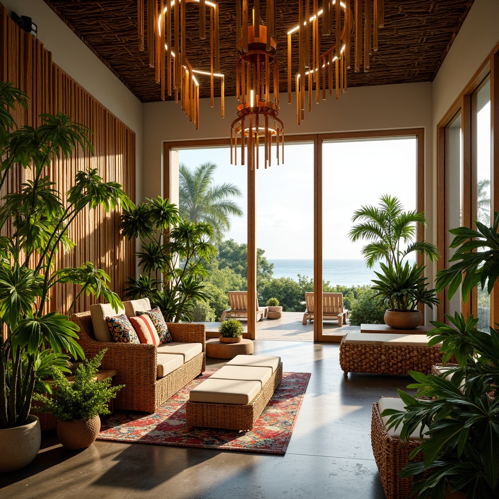 Prompt: Vibrant tropical interior, lush greenery, exotic wood accents, natural fibers, woven textiles, rattan furniture, colorful tribal patterns, intricate carvings, warm golden lighting, soft ambient glow, LED strip lights, pendant lamps, unique sculptural fixtures, dramatic ceiling installations, floor-to-ceiling windows, sliding glass doors, ocean views, sunny day, bright white walls, minimal ornamentation, natural ventilation systems, eco-friendly materials, sustainable design solutions.