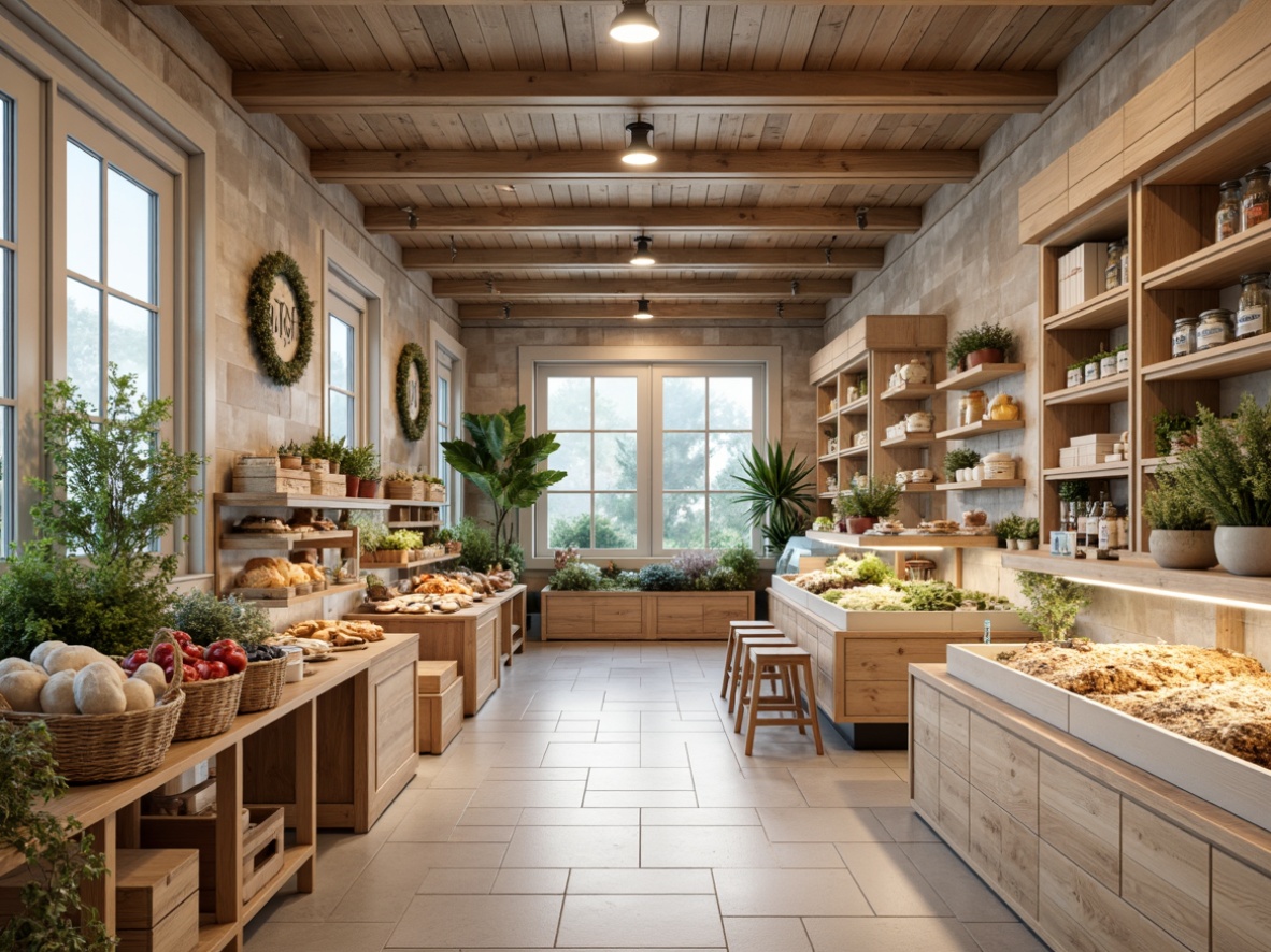 Prompt: Nordic grocery store, light wood accents, natural stone walls, minimalistic shelving, earthy tones, oatmeal beige, moss green, foggy blue, creamy whites, warm ambient lighting, soft shadows, 1/1 composition, realistic textures, shallow depth of field, organic produce displays, woven baskets, wooden crates, modern Scandinavian typography, clean lines, simple shapes, industrial-chic fixtures, rustic metal accents, cozy atmosphere, morning natural light.