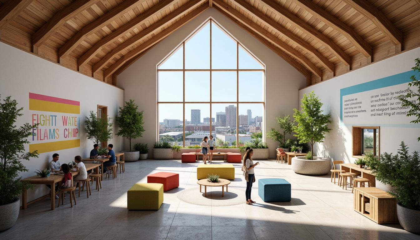 Prompt: Vibrant youth center, open atrium, natural light pouring in, exposed wooden beams, minimalist decor, playful color accents, modern furniture, comfortable seating areas, collaborative workspaces, inspirational quotes, urban cityscape views, green roofs, solar panels, eco-friendly materials, airy feel, shallow depth of field, 3/4 composition, panoramic view, realistic textures, ambient occlusion.