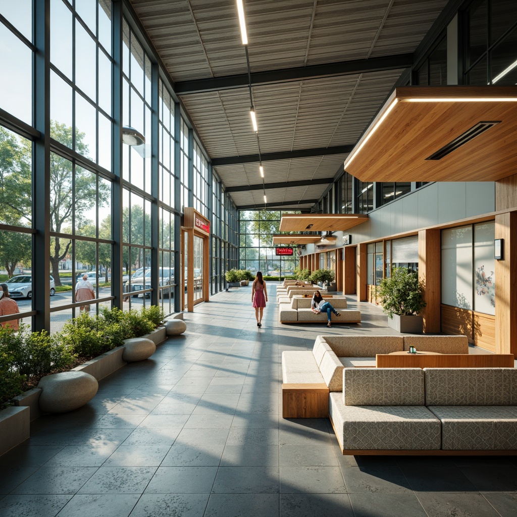 Prompt: Mid-century modern bus station, retro-futuristic architecture, curved lines, minimalist design, sleek metal beams, large glass windows, natural stone flooring, wooden accents, vintage-style signage, comfortable seating areas, geometric patterned upholstery, pastel-colored walls, warm ambient lighting, shallow depth of field, 1/2 composition, symmetrical framing, realistic textures, subtle ambient occlusion.