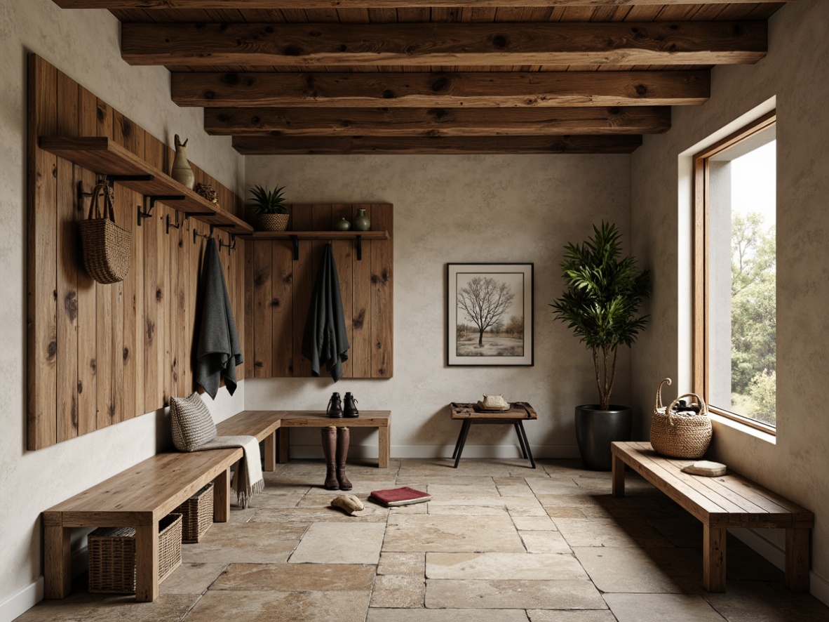 Prompt: Rustic mudroom, natural stone flooring, reclaimed wood benches, woven baskets, earthy color palette, rough-hewn wooden accents, industrial metal hooks, durable ceramic tiles, water-resistant concrete walls, warm ambient lighting, shallow depth of field, 1/2 composition, realistic textures, ambient occlusion.