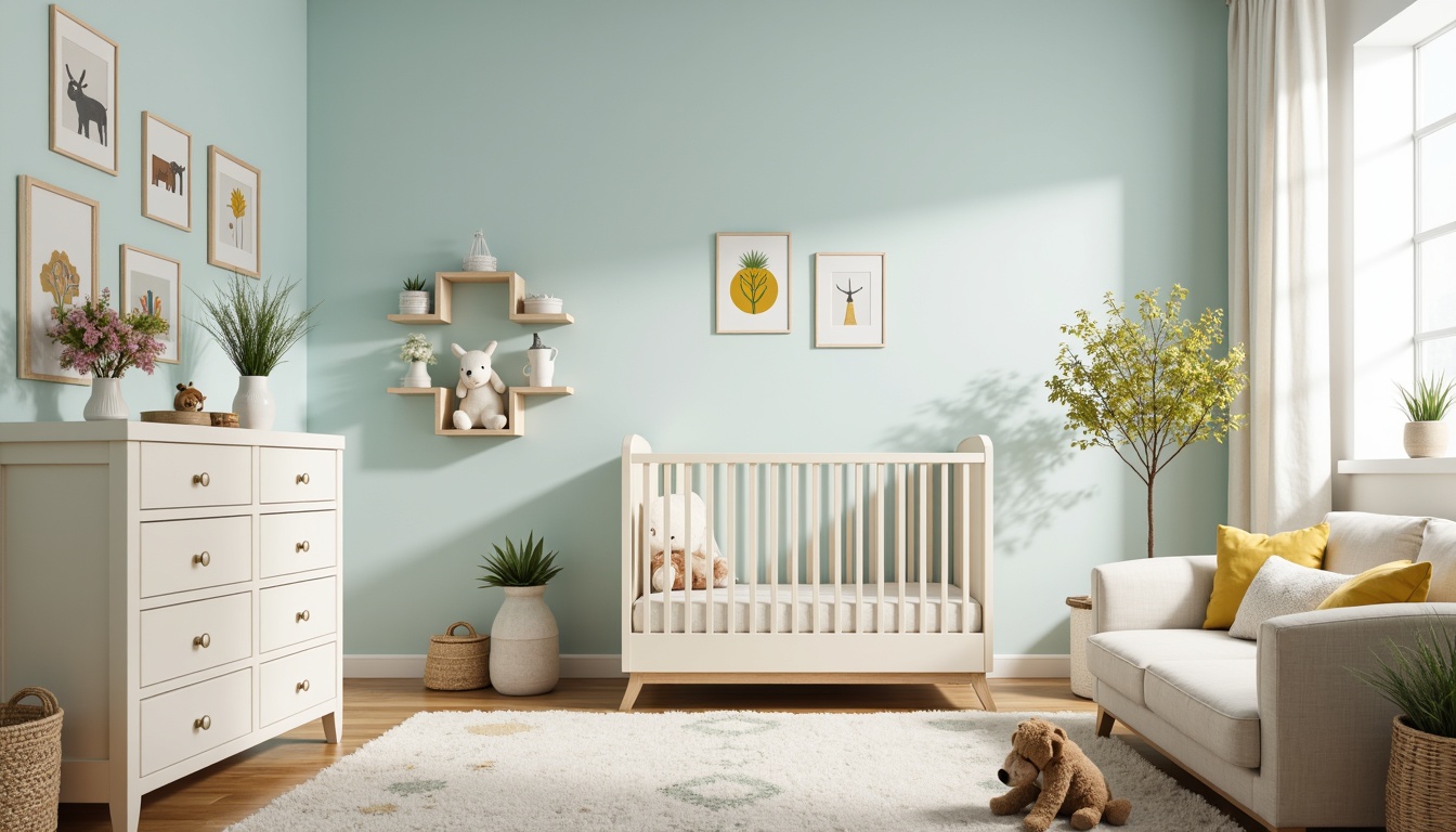 Prompt: Soft pastel hues, calming nursery atmosphere, gentle baby blue walls, creamy white furniture, delicate floral patterns, warm beige accents, natural wood tones, cozy reading nook, plush area rug, soothing color scheme, subtle texture contrasts, gentle lighting effects, serene ambiance, peaceful crib setting, adorable stuffed animal decorations, whimsical wall art, cheerful yellow accents.