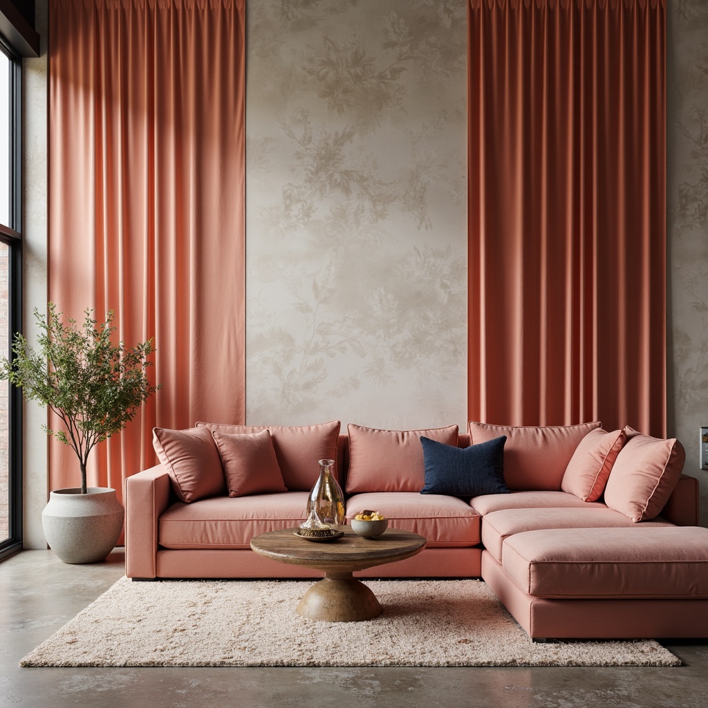 Prompt: Rich velvet fabrics, luxurious metallic accents, warm beige backgrounds, soft peach tones, creamy whites, deep charcoal grays, bold navy blues, vibrant coral pinks, subtle lavender purples, natural wood textures, industrial concrete floors, modern minimalist spaces, cozy ambient lighting, shallow depth of field, 3/4 composition, realistic renderings.