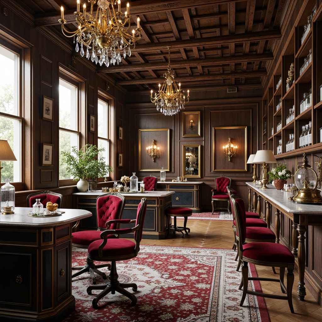 Prompt: Ornate laboratory furniture, Rococo-inspired carvings, luxurious velvet upholstery, gilded metal frames, intricately patterned rugs, ornamental vases, crystal chandeliers, marble countertops, richly polished wood accents, elegant curved lines, golden hardware, soft warm lighting, shallow depth of field, 1/1 composition, realistic textures, ambient occlusion.