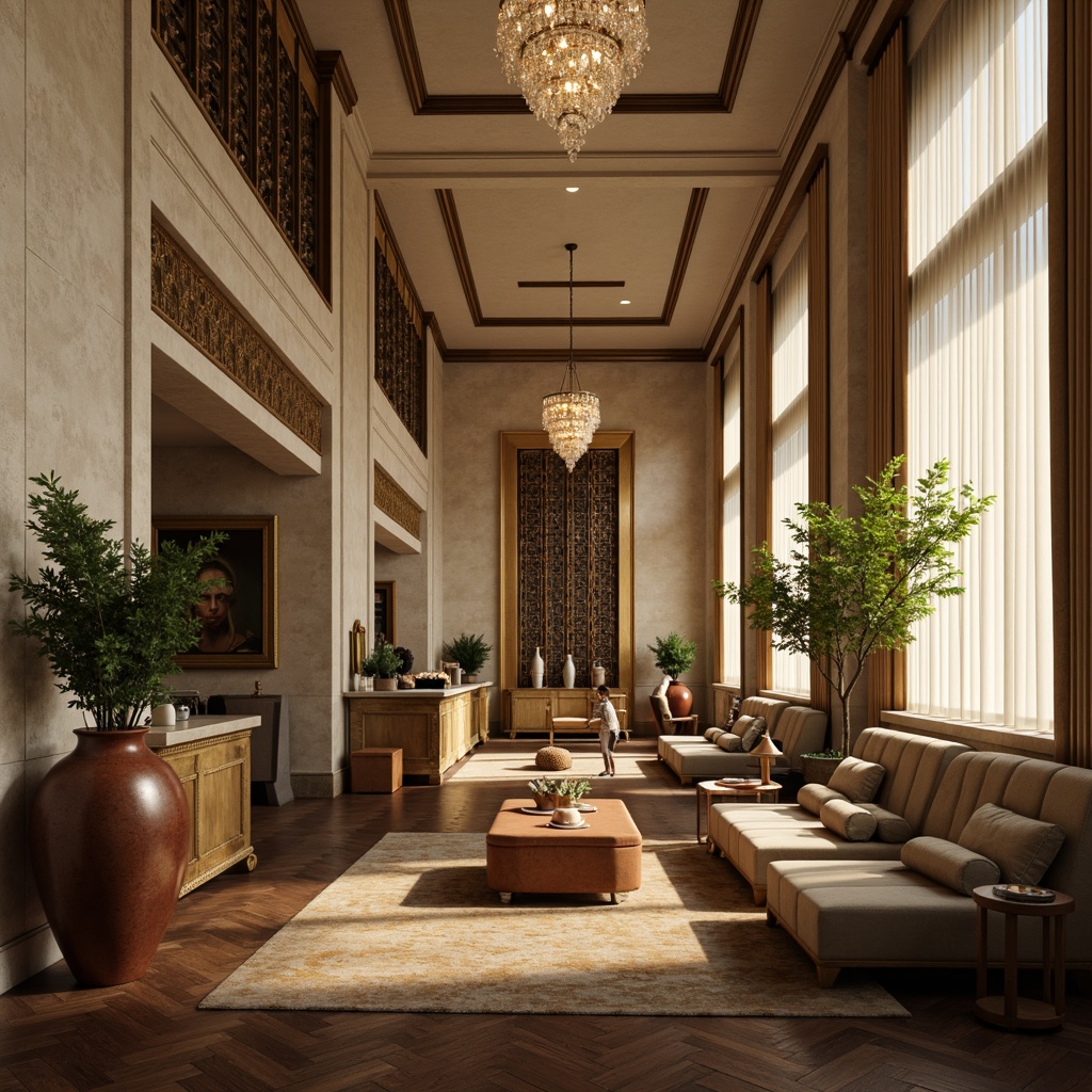 Prompt: Richly textured interior space, warm beige walls, dark wood flooring, luxurious velvet furniture, metallic gold accents, soft cream-colored curtains, natural stone countertops, earthy terracotta vases, vibrant emerald green plants, delicate crystal chandeliers, sophisticated neutral color scheme, layered lighting design, dramatic shadows, 1/1 composition, realistic render, atmospheric ambiance.