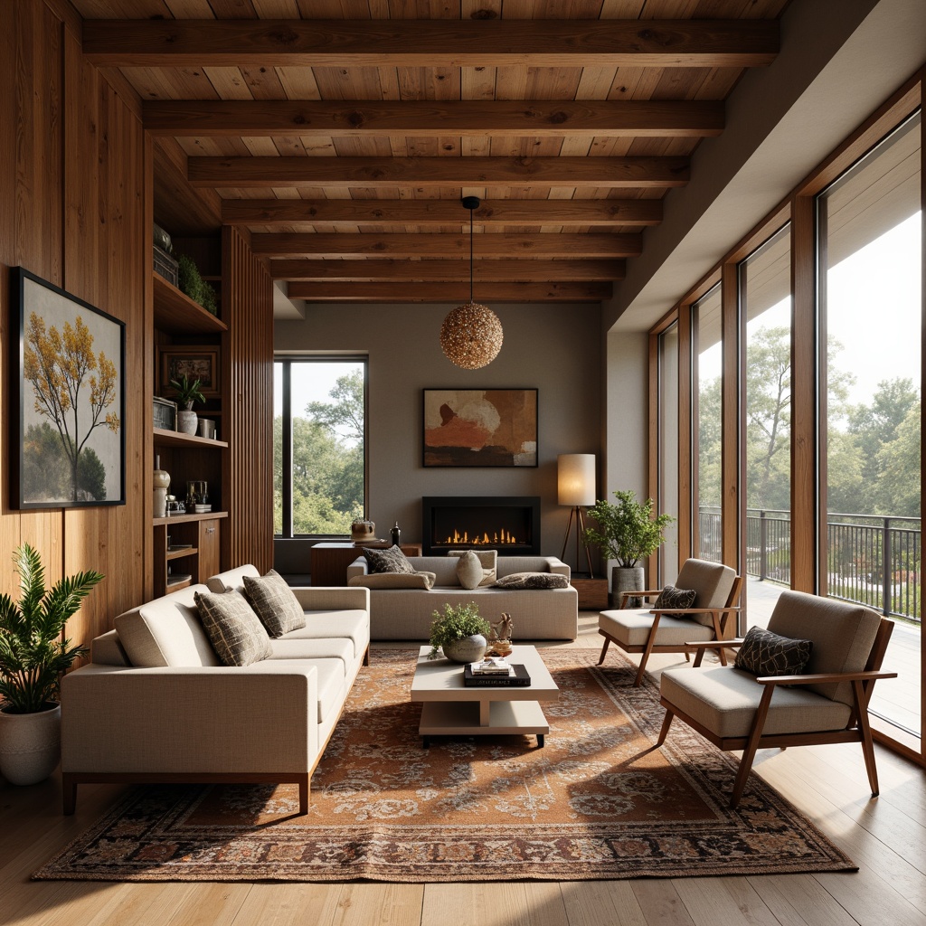 Prompt: Mid-century modern living room, sleek wooden furniture, geometric patterned rugs, statement light fixtures, spherical pendant lights, cylindrical table lamps, floor-to-ceiling windows, natural textiles, earthy color palette, warm ambient lighting, softbox shadows, 1/2 composition, realistic material textures, subtle camera movement.