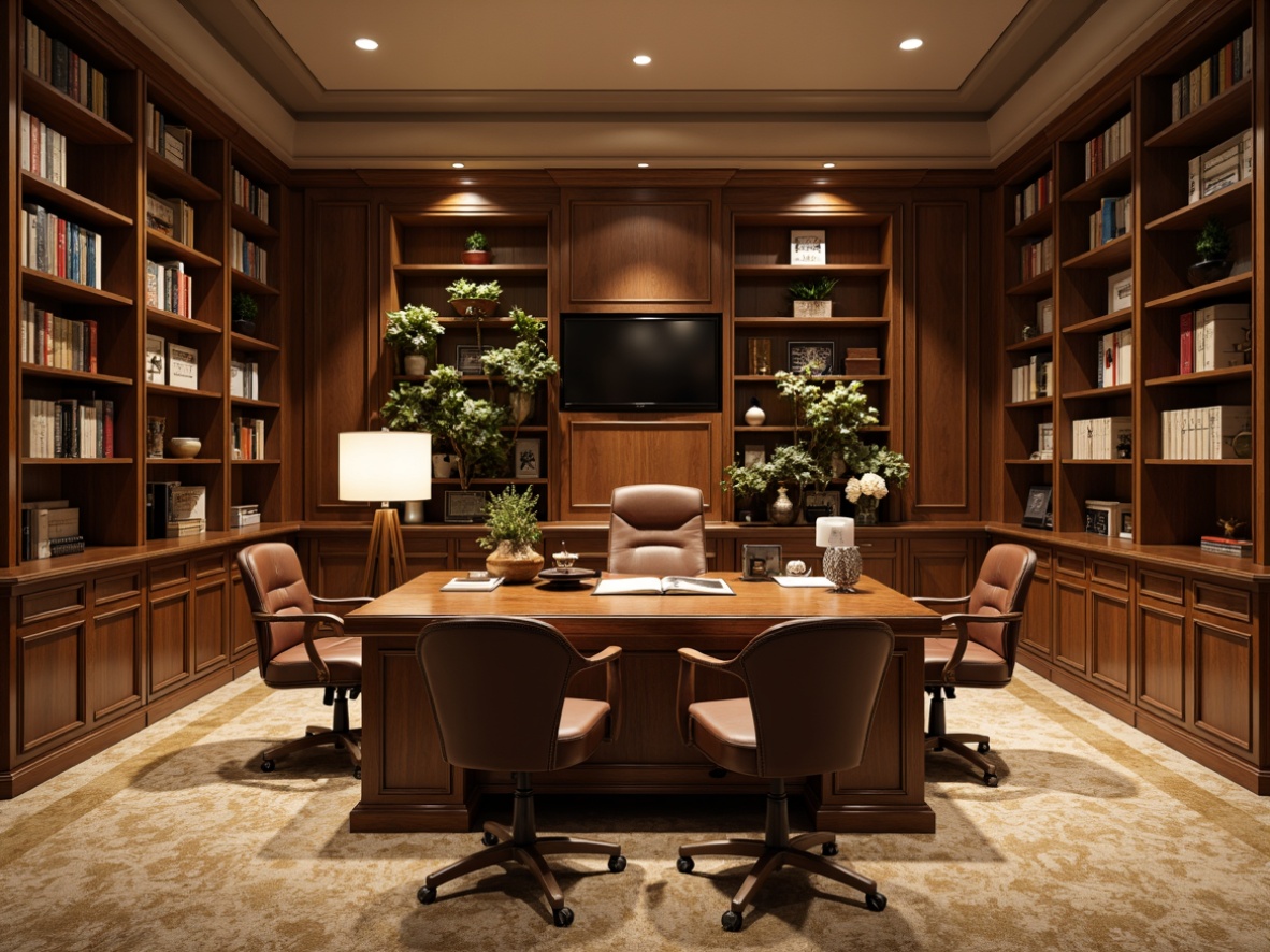 Prompt: Elegant wooden desks, ergonomic chairs, sophisticated bookshelves, rich leather upholstery, classic library lamps, refined metal accents, warm beige carpets, subtle texture patterns, natural oak wood tones, soft box lighting, shallow depth of field, 1/2 composition, realistic material rendering, ambient occlusion, studious atmosphere.