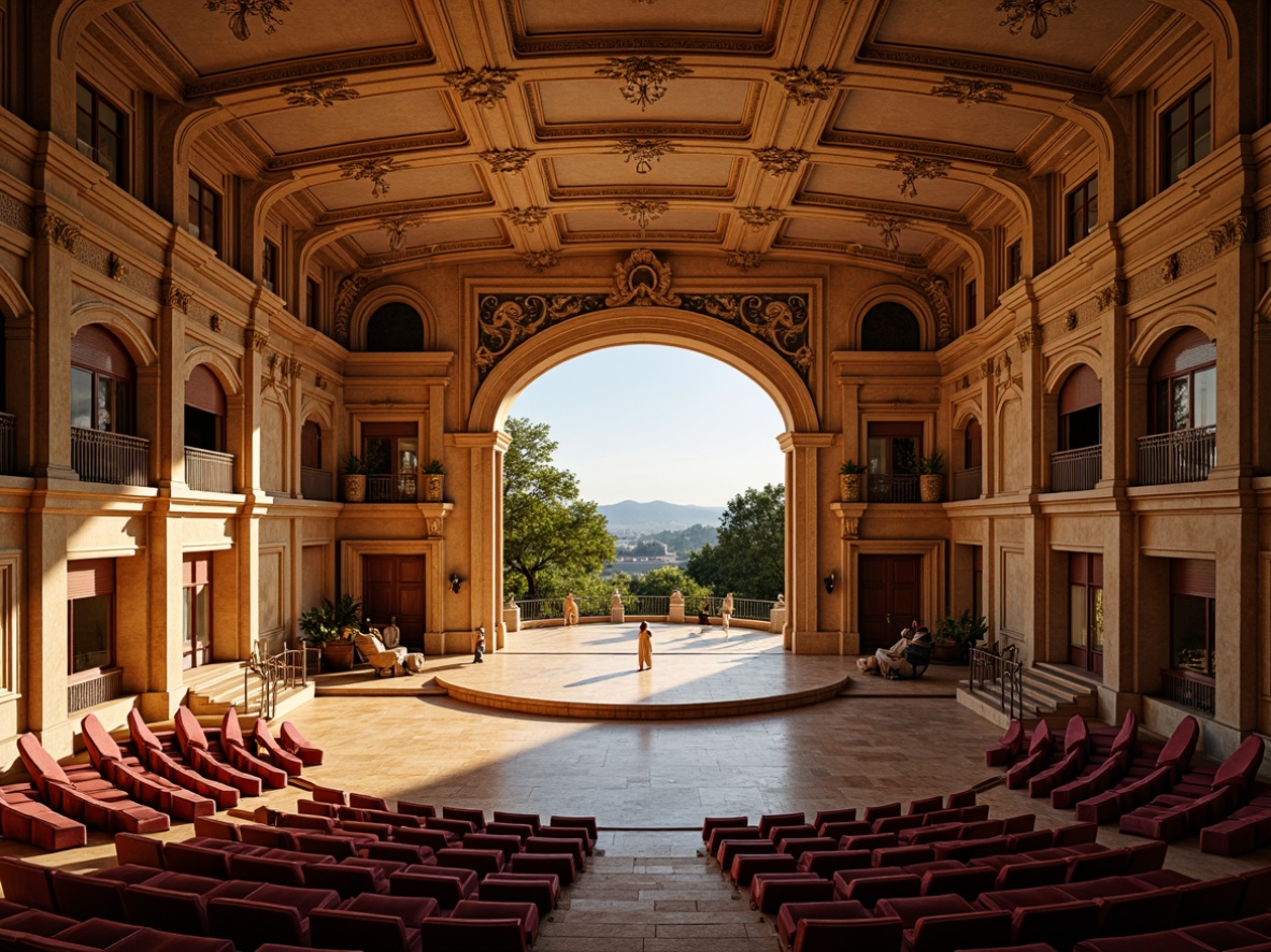 Prompt: Grandiose amphitheater, Renaissance-style architecture, ornate stone carvings, curved arches, vaulted ceilings, intricate frescoes, warm golden lighting, polished marble floors, plush velvet seats, acoustic panels, sound-absorbing materials, circular stage design, dramatic spotlights, natural reverb, 3/4 composition, symmetrical framing, warm color palette, ornate details, grand chandeliers, elegant staircases, lush greenery, sunny day, soft warm lighting.