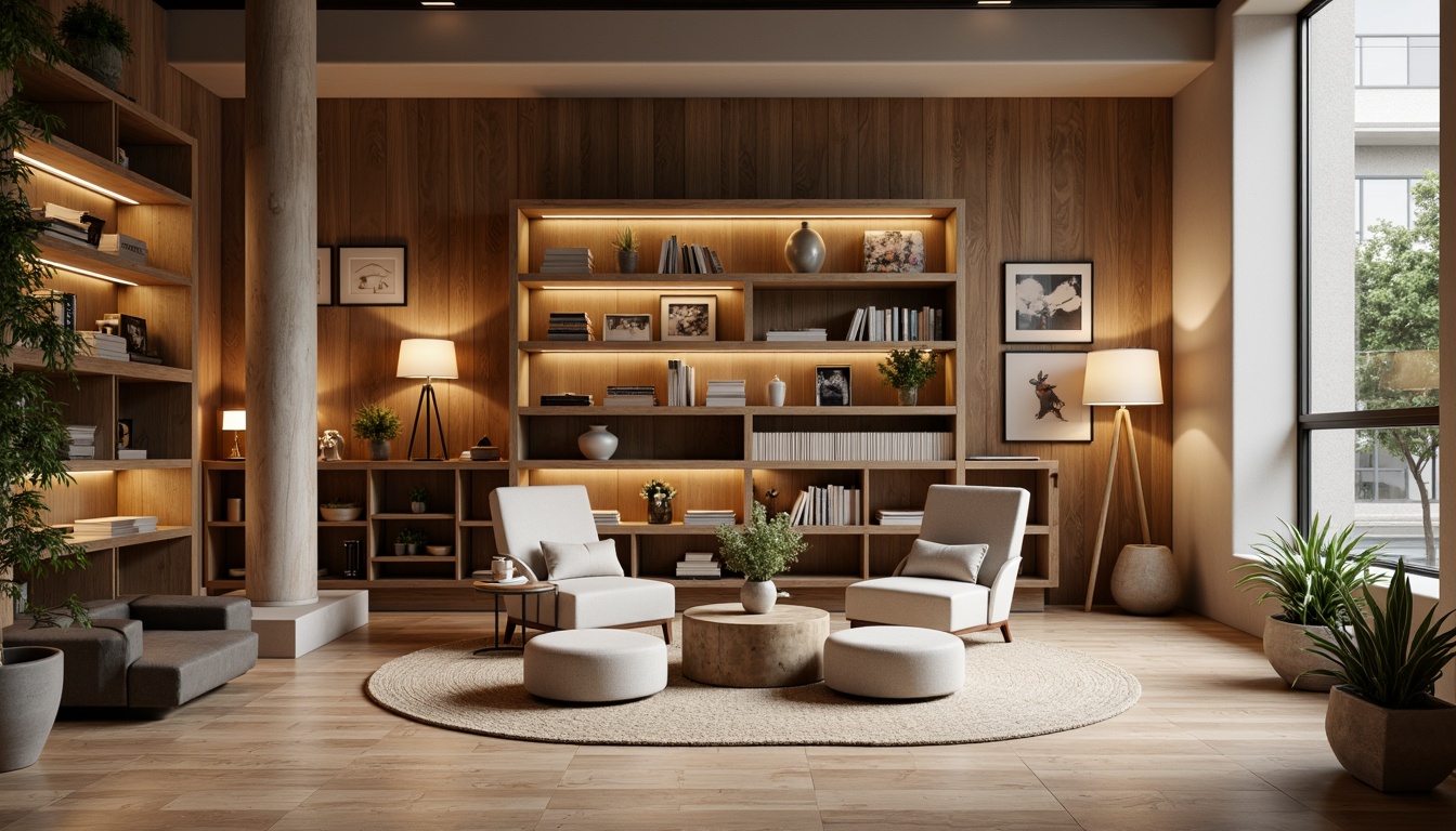 Prompt: Minimalist bookstore, neutral color palette, wooden shelves, cozy reading nooks, plush armchairs, soft cushions, warm floor lamps, natural wood accents, rustic book tables, comfortable ottomans, modern minimalist decor, calm atmosphere, soft warm lighting, shallow depth of field, 3/4 composition, panoramic view, realistic textures, ambient occlusion.