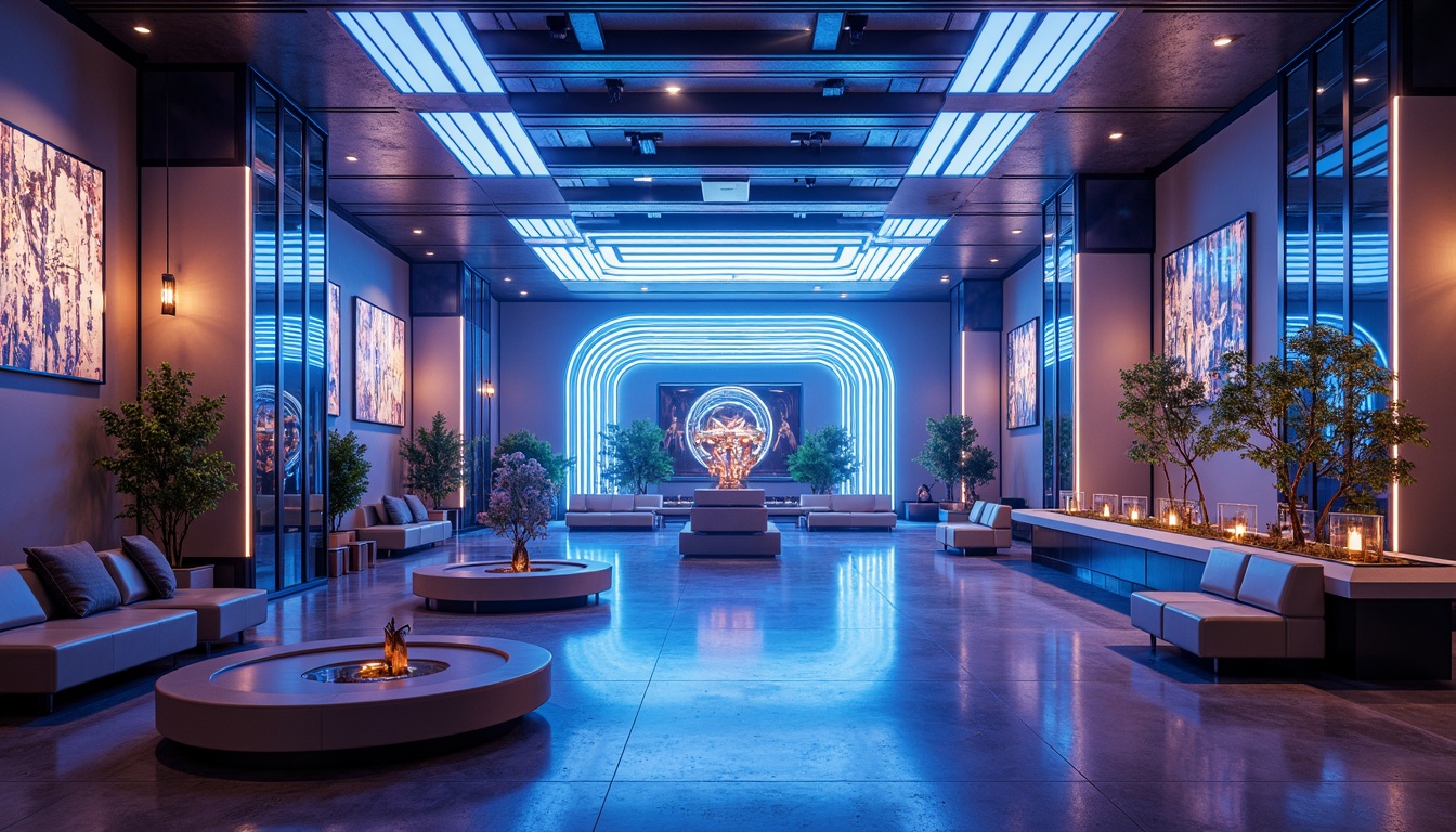 Prompt: Futuristic interior space, sleek metal lighting fixtures, neon-lit accents, holographic displays, LED strip lights, fiber-optic chandeliers, crystal-like pendant lights, ambient glow, minimalist design, high-tech materials, polished chrome surfaces, geometric patterns, abstract shapes, futuristic sculptures, 3D-printed decorations, soft blue-purple lighting, shallow depth of field, panoramic view, realistic reflections.