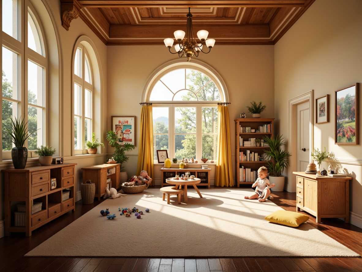 Prompt: Warm and inviting kindergarten, classicism style, soft warm lighting, golden chandeliers, wooden accents, creamy walls, elegant archways, ornate moldings, large windows, natural daylight, gentle shadows, cozy reading nooks, plush carpets, traditional furniture, vintage toys, educational posters, colorful artwork, whimsical decorations, harmonious color palette, balanced composition, shallow depth of field, 1/1 aspect ratio, realistic textures, ambient occlusion.