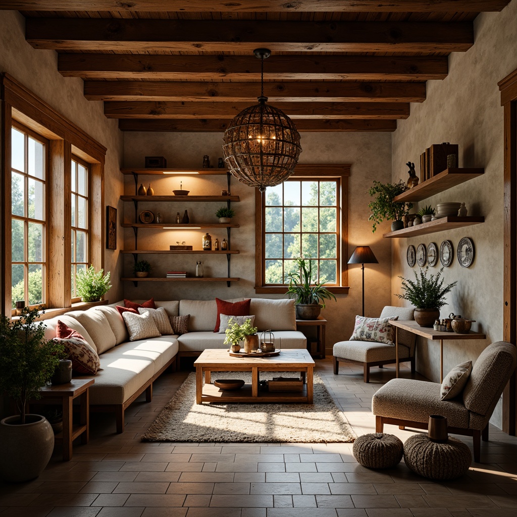 Prompt: Rustic farmhouse interior, warm natural lighting, soft overhead lighting, table lamps, pendant lights, wooden beams, exposed brick walls, earthy color palette, cozy nooks, plush furnishings, vintage decorative items, distressed wood accents, metal lanterns, candlelight, warm white tone, soft shadows, 1/2 composition, inviting atmosphere, realistic textures.