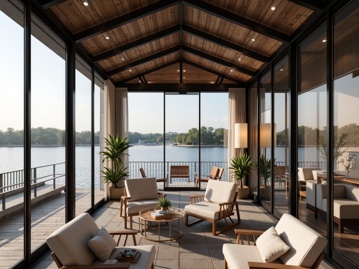 Prompt: Waterfront location, wooden dock, serene lake views, boathouse structure, postmodernist architecture, translucent partitions, glass accents, minimalist interior, nautical theme, distressed wood textures, vintage boat decorations, cozy reading nooks, warm ambient lighting, soft pastel colors, eclectic furniture, abstract art pieces, natural stone flooring, industrial metal beams, rustic wooden ceiling, dramatic rooflines, cinematic composition, high contrast ratio, shallow depth of field.