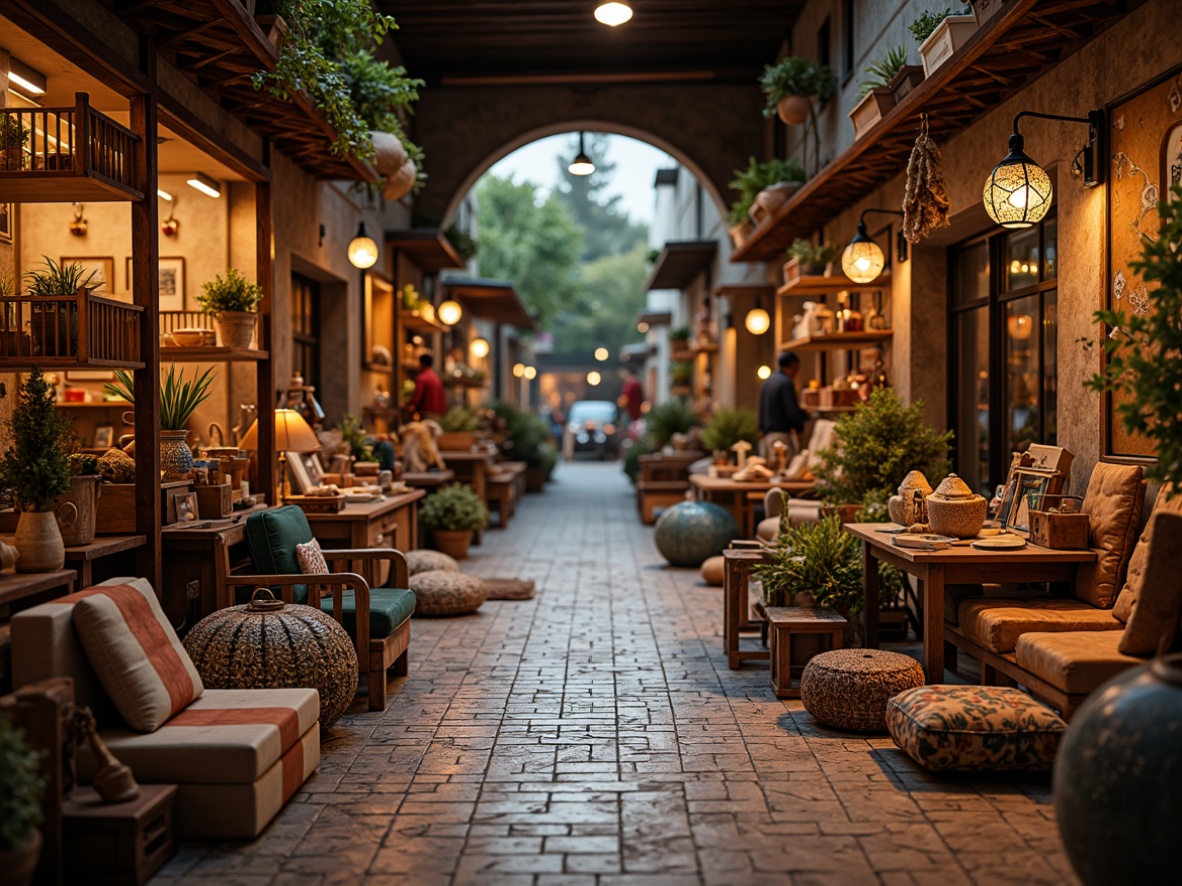 Prompt: Vibrant marketplace, eclectic vendor stalls, rustic wooden crates, colorful woven baskets, distressed metal lanterns, ornate Islamic-inspired tiles, plush Moroccan poufs, intricately carved Indian wooden furniture, bold African textiles, vintage European antique pieces, warm candlelight, shallow depth of field, 3/4 composition, panoramic view, realistic textures, ambient occlusion.