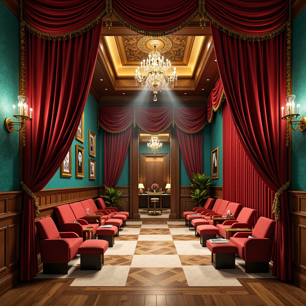 Prompt: Rich velvet curtains, luxurious golden accents, dramatic spotlights, plush red seats, ornate wooden details, majestic high ceilings, grand chandeliers, lavish drapery, vibrant turquoise walls, bold geometric patterns, warm beige floors, sophisticated dark wood tones, elegant crystal fixtures, opulent brass hardware, intimate atmospheric lighting, 1/2 composition, shallow depth of field, cinematic color grading.