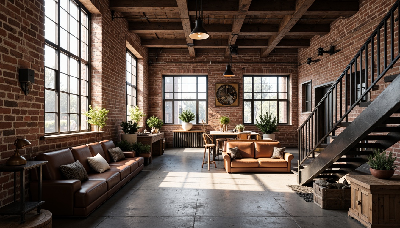 Prompt: Exposed brick walls, industrial metal beams, reclaimed wood accents, vintage factory windows, distressed concrete floors, metal grated stairs, functional pipe lighting, industrial-style pendant lamps, rustic wooden crates, antique machinery parts, aged copper accents, worn leather upholstery, earthy color palette, soft natural light, shallow depth of field, 1/1 composition, realistic textures, ambient occlusion.