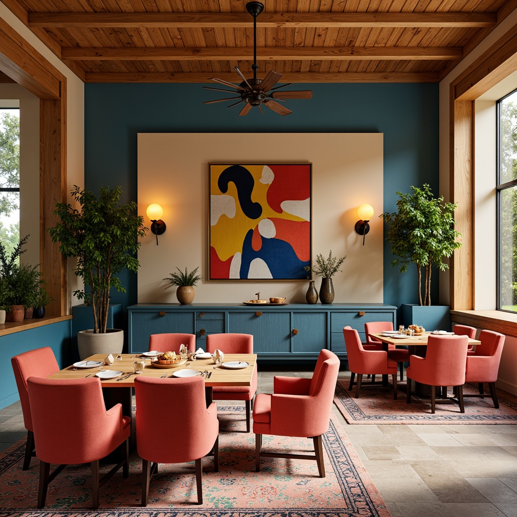 Prompt: Vibrant dining room, bold postmodernism style, rich wood accents, eclectic furniture, playful color blocking, warm beige walls, deep blue cabinets, bright coral red chairs, sunny yellow lamps, lush greenery, natural stone flooring, ornate metal fixtures, abstract artwork, geometric patterns, softbox lighting, 1/1 composition, realistic textures.