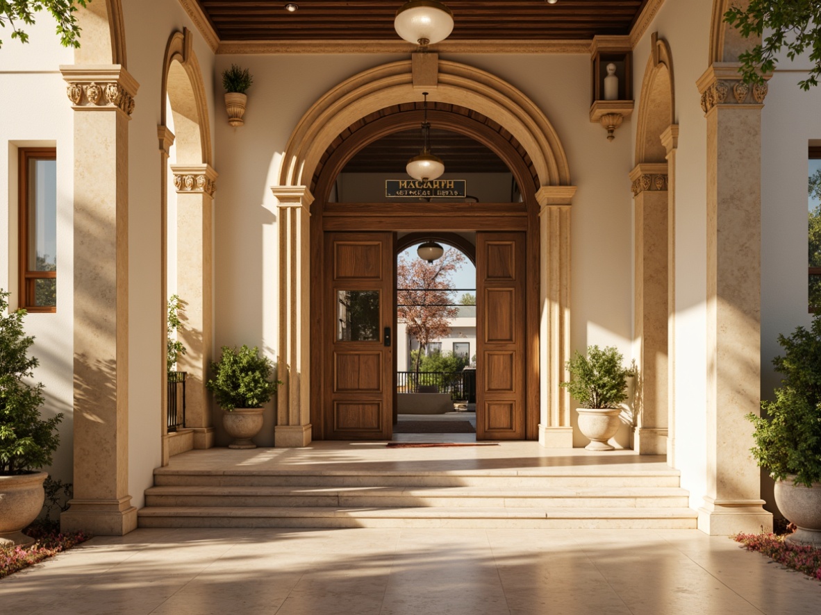 Prompt: Warm beige kindergarten building, ornate stone carvings, classic Greek columns, arched windows, rustic wooden doors, vintage-inspired signage, soft cream-colored walls, elegant staircase, polished marble floors, intricate moldings, delicate chandeliers, warm natural lighting, shallow depth of field, 1/1 composition, symmetrical framing, realistic textures, ambient occlusion.