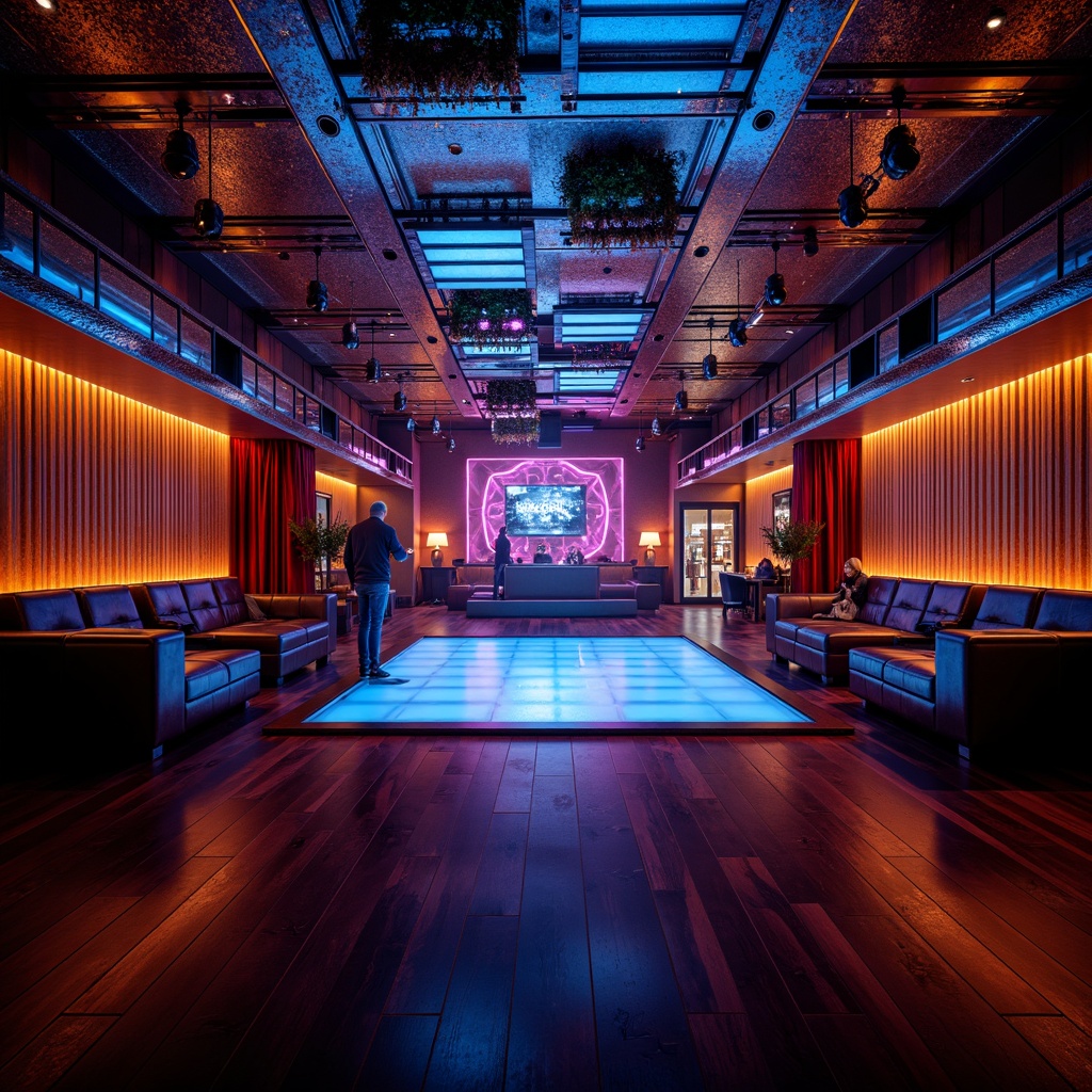 Prompt: Luxurious nightclub interior, dark glossy wood flooring, metallic accents, LED light installations, neon-lit dance floor, velvet drapes, leather sofas, polished chrome fixtures, mirrored ceilings, ambient strobe lighting, 1/2 composition, low-key warm tones, realistic reflections, detailed normal maps.