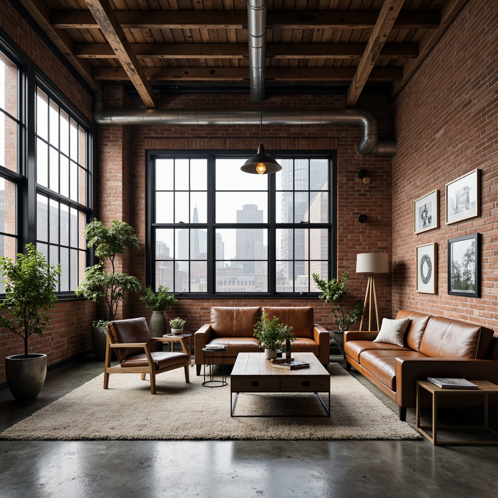 Prompt: Exposed brick walls, metal beams, reclaimed wood accents, industrial-chic furniture, vintage factory lights, distressed leather sofas, minimalist coffee tables, metallic side tables, urban-loft bedrooms, concrete floors, modern art pieces, neutral color palette, industrial-style lighting fixtures, functional decor, raw-edged wooden headboards, steel-frame chairs, rustic metal doors, edgy textiles, cityscape views, high ceilings, dramatic vertical space, cinematic lighting, shallow depth of field, 2/3 composition, realistic textures, ambient occlusion.