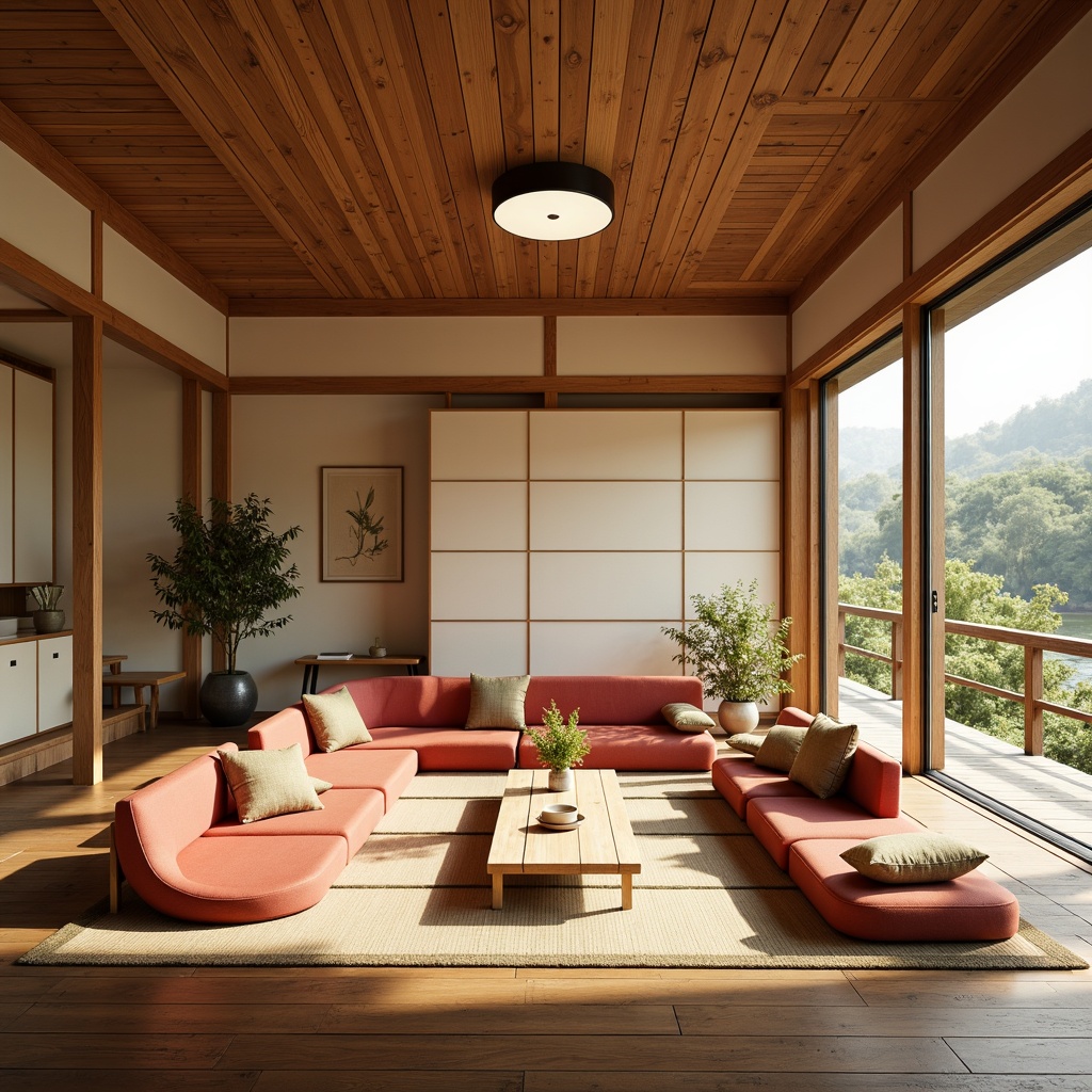 Prompt: Traditional Japanese tea house, sliding shoji doors, tatami mats, natural wood accents, minimal ornamentation, serene ambiance, warm soft lighting, innovative seating arrangements, curved benches, woven fiber chairs, plush cushions, vibrant textiles, subtle patterns, harmonious color palette, asymmetrical compositions, 1/2 framing, warm beige tones, rustic wooden floors, subtle shadows, gentle natural light.