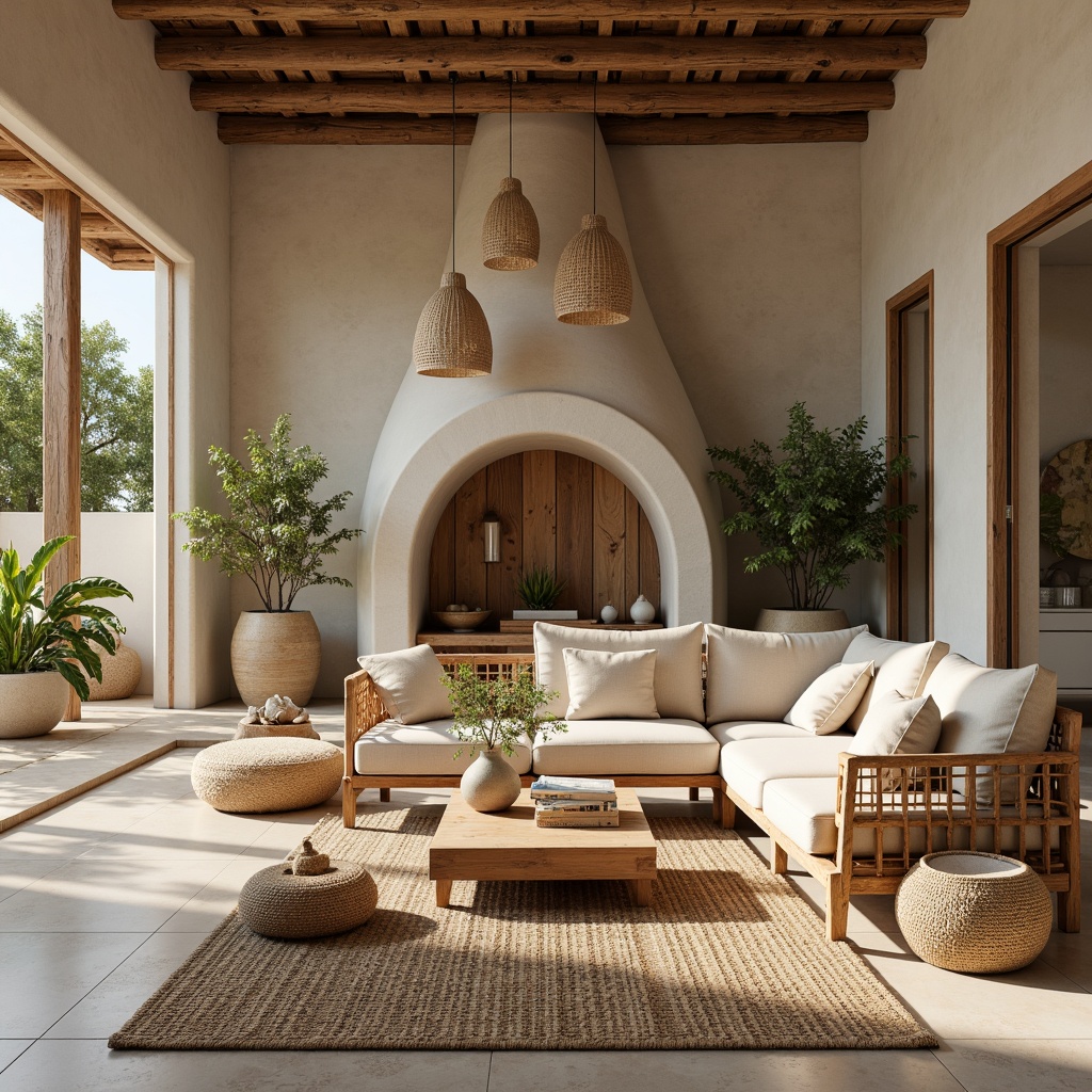 Prompt: Organic modern interior, reclaimed wood accents, natural stone flooring, woven bamboo furniture, earthy color palette, soft cotton textiles, rattan decorative accessories, minimal ornamentation, abundant natural light, airy atmosphere, rustic wooden beams, pendant lamps with linen shades, greenery-filled planters, organic shapes, warm beige tones, cozy reading nook, calming ambiance, 1/1 composition, softbox lighting, realistic wood grain textures.