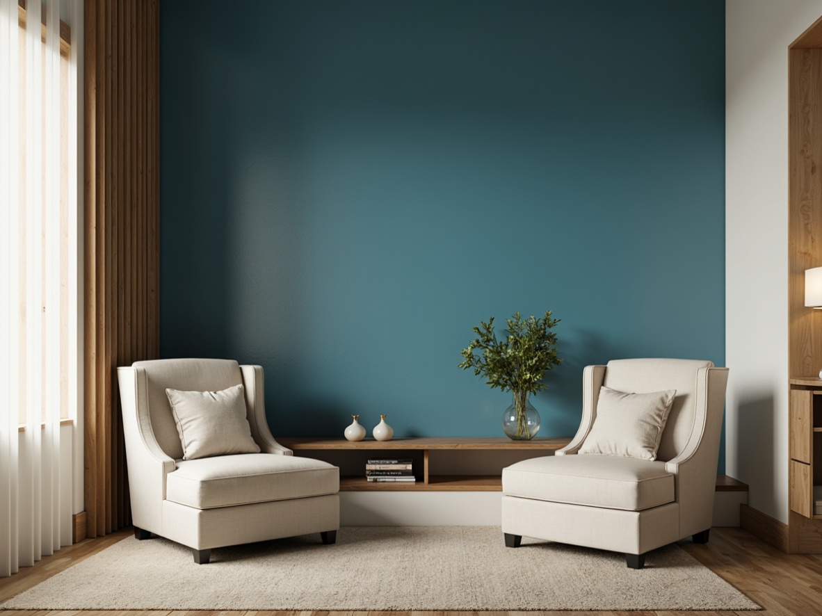 Prompt: Cerulean blue accent wall, soft creamy whites, warm beige tones, rich wood textures, natural stone floors, cozy reading nook, plush velvet armchairs, golden metal accents, delicate glass vases, subtle gradient effects, atmospheric misty lighting, shallow depth of field, 2/3 composition, intimate interior scene, realistic fabric simulations.