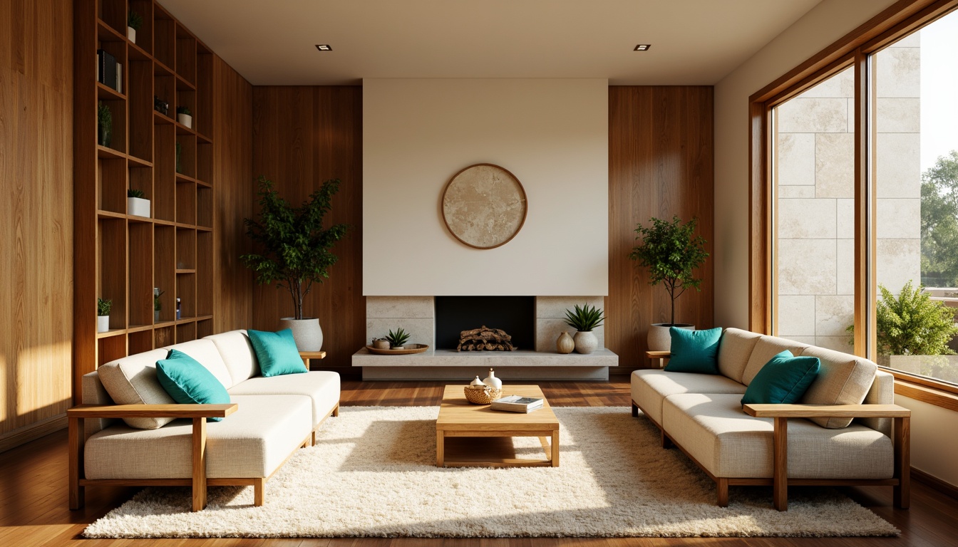 Prompt: Cozy living room, warm beige walls, rich wood accents, plush carpeting, comfortable sofas, vibrant turquoise throw pillows, natural stone fireplace, modern minimalist decor, soft golden lighting, atmospheric shadows, 1/1 composition, realistic textures, ambient occlusion.