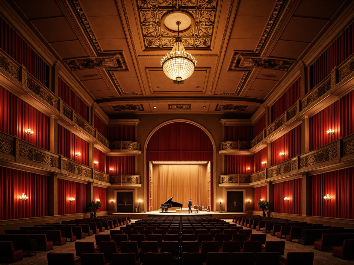 Prompt: \Intimate concert hall, ornate wooden paneling, rich velvet curtains, antique chandeliers, grand pianos, curved balconies, decorative moldings, warm golden lighting, soft diffused shadows, 1/2 composition, shallow depth of field, realistic wood textures, ambient occlusion, traditional architecture, classic design elements, refined acoustic treatment, sound-absorbing materials, strategically placed diffusers, optimized speaker placement, nuanced reverberation control.\