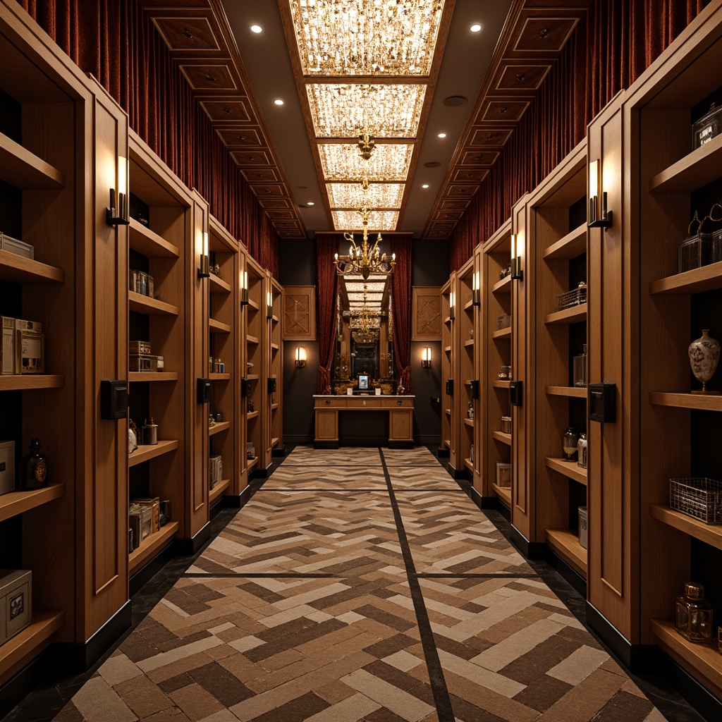 Prompt: Luxurious storage room, ornate metalwork, polished chrome accents, geometric patterns, lavish velvet drapes, rich wood paneling, sleek lacquered cabinets, Art Deco-inspired hardware, glamorous crystal chandeliers, soft warm lighting, shallow depth of field, 1/1 composition, realistic textures, ambient occlusion.