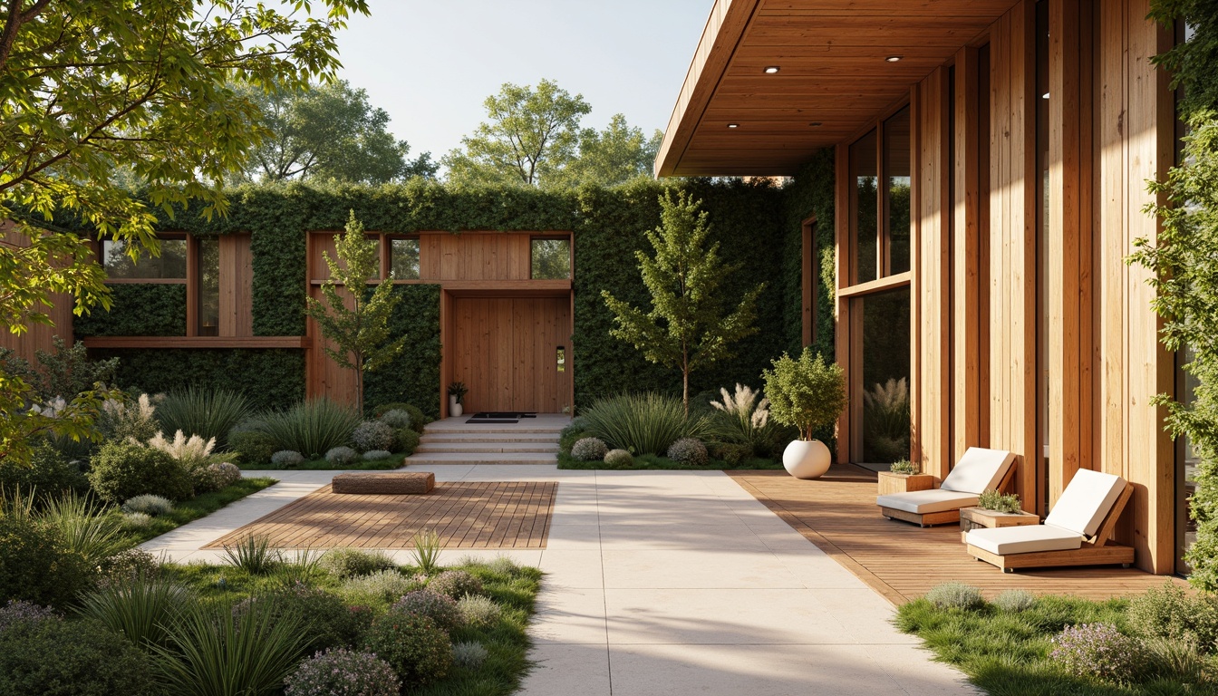 Prompt: Earth-toned building facade, reclaimed wood accents, living green walls, bamboo flooring, natural stone cladding, wooden beam ceilings, earthy color palette, organic shapes, sustainable architecture, eco-friendly materials, minimalist design, abundant natural light, soft warm ambiance, shallow depth of field, 1/1 composition, realistic textures, ambient occlusion.