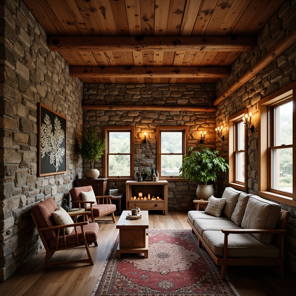 Prompt: Rustic cabin interior, wooden accents, natural stone walls, earthy color palette, exposed beams, distressed wood flooring, vintage metal decorations, warm candle lighting, woven textiles, plush area rugs, nature-inspired artwork, reclaimed wood furniture, cozy reading nooks, soft warm lighting, shallow depth of field, 1/2 composition, realistic textures, ambient occlusion.