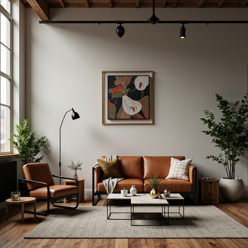 Prompt: Minimalist living room, industrial-chic decor, functional furniture pieces, tubular steel frames, leather upholstery, geometric shapes, bold color accents, marble coffee tables, sleek metal lamps, wooden floorboards, natural textiles, abstract artwork, urban loft setting, dramatic overhead lighting, low-angle shot, 1/2 composition, realistic renderings.