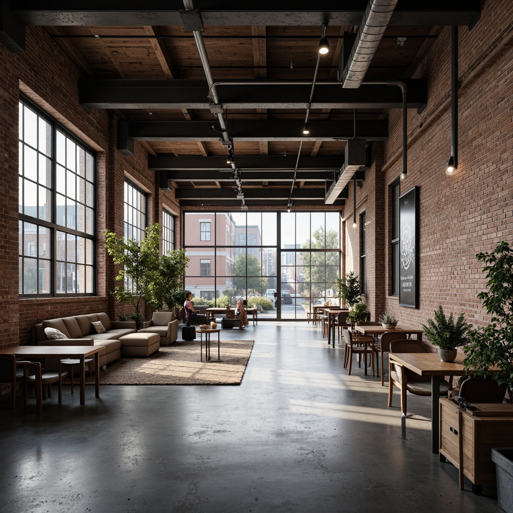 Prompt: Exposed brick walls, metal beams, polished concrete floors, industrial-style lighting fixtures, minimalist decor, functional furniture, neutral color palette, open layout, high ceilings, large windows, natural light, urban cityscape, busy streets, modern machinery, steel structures, reclaimed wood accents, distressed textures, moody atmospheric lighting, shallow depth of field, 2/3 composition, cinematic view, realistic materials.