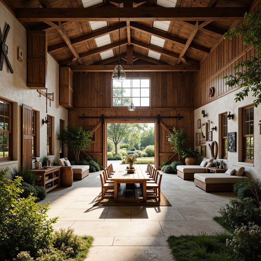 Prompt: Rustic farmhouse, open courtyard, lush greenery, wooden accents, natural stone walls, vintage farm tools, reclaimed wood furniture, earthy color palette, cozy nooks, communal tables, pendant lamps, exposed beams, large windows, sliding barn doors, sunny day, soft warm lighting, shallow depth of field, 3/4 composition, panoramic view, realistic textures, ambient occlusion, youthful energy, creative freedom, social gathering spaces, interactive art installations, flexible seating areas.