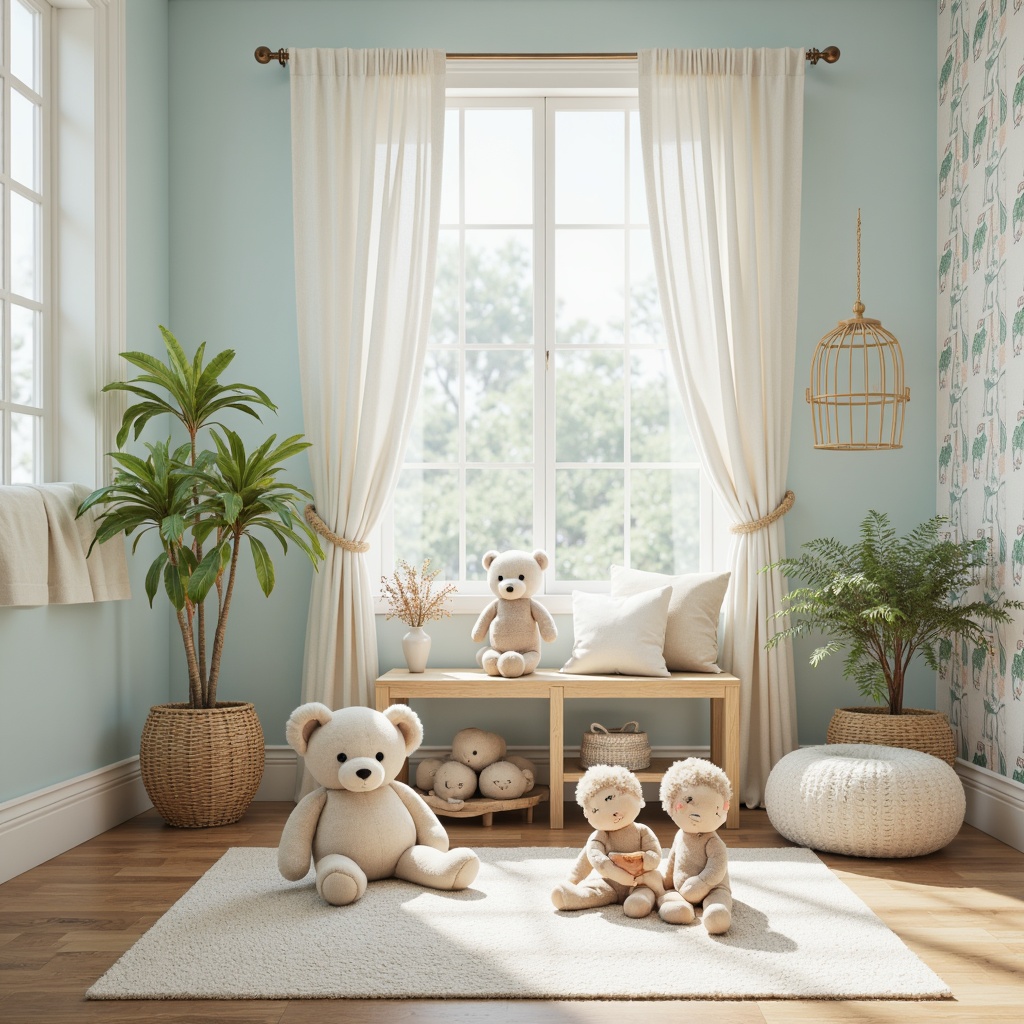 Prompt: Soft pastel hues, calming nursery atmosphere, gentle baby blue, creamy whites, warm beige tones, soothing greenery, natural wood accents, plush toys, cozy textiles, delicate florals, vintage-inspired wallpapers, whimsical mobiles, subtle patterned rugs, creamy soft lighting, shallow depth of field, 1/2 composition, intimate close-up shots.