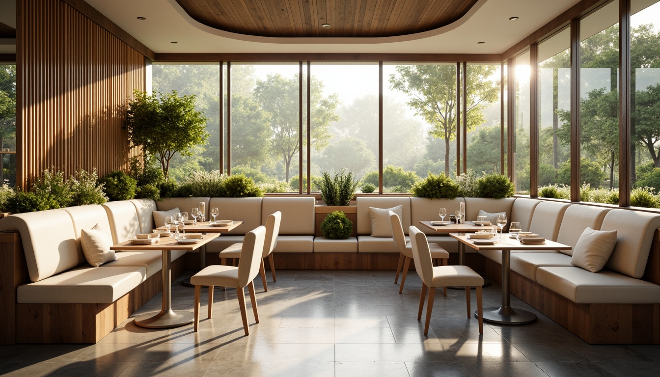 Prompt: Modern breakfast nook, sleek minimalist decor, curved lines, ergonomic chairs, plush cushions, wooden accents, warm ambient lighting, soft pastel colors, built-in banquette seating, natural stone flooring, floor-to-ceiling windows, lush greenery views, cozy intimate atmosphere, soft morning sunlight, 3/4 composition, shallow depth of field, realistic textures.