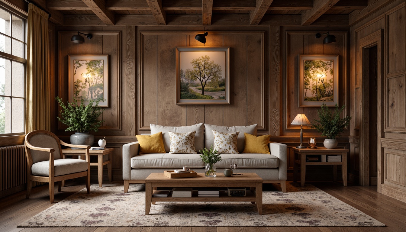 Prompt: Rustic wooden paneling, distressed textures, natural stone walls, earthy color palette, traditional architectural details, ornate moldings, decorative trims, classic wallpaper patterns, rich wood tones, luxurious fabrics, ambient warm lighting, soft shadows, 3/4 composition, realistic renderings, subtle bump mapping.